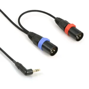 Remote Audio CA1/82X3MS Stereo Breakout Cable 3.5mm TRS to (2) XLR3M: The right-angle 3.5 mm TRS plug and the two XLR3M plugs with red and blue rings.