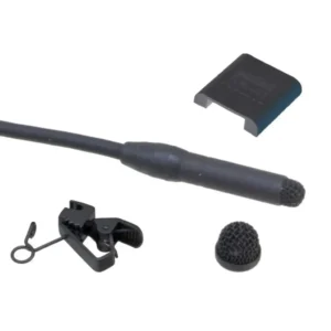 Sanken COS-11D Lavalier Microphone for Wireless Transmitters: The black mic's capsule end, with its holder clip, metal windscreen, and rubber mount.