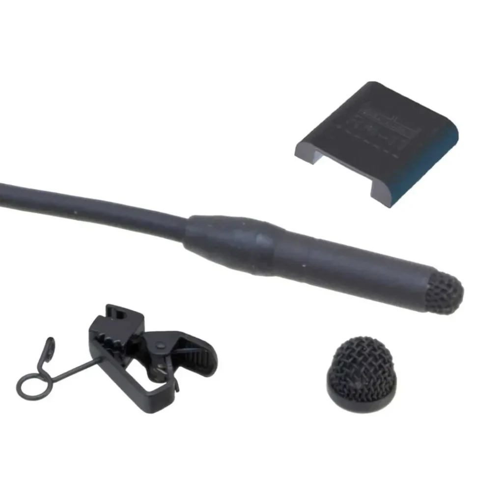 Sanken COS-11D Lavalier Microphone for Wireless Transmitters: The black mic's capsule end, with its holder clip, metal windscreen, and rubber mount.