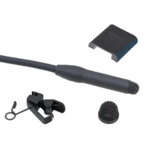 Sanken COS-11D Lavalier Microphone for Wireless Transmitters in black, with its black tie clip, mesh windscreen, and RM-11 rubber mount.