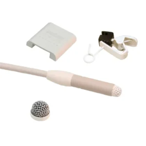 Sanken COS-11D Lavalier Microphone for Wireless Transmitters: The beige mic's capsule end, with its holder clip, metal windscreen, and rubber mount.