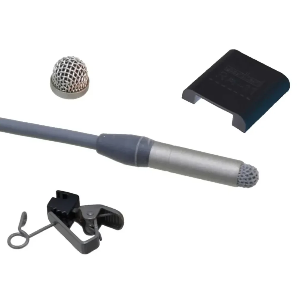 Sanken COS-11D Lavalier Microphone for Wireless Transmitters: The gray mic's capsule end, with its holder clip, metal windscreen, and rubber mount.