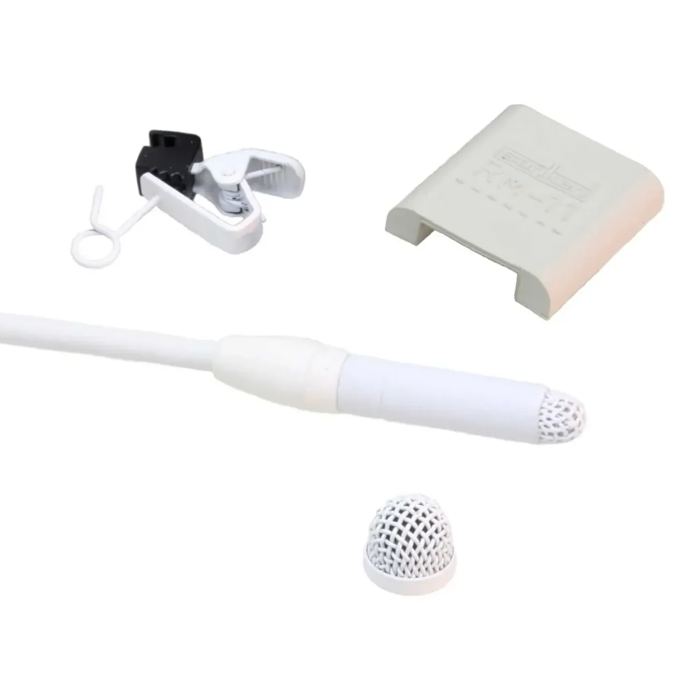 Sanken COS-11D Lavalier Microphone for Wireless Transmitters: The white mic's capsule end, with its holder clip, metal windscreen, and rubber mount.