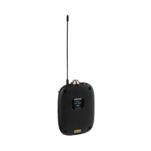 Shure SLXD1+ Digital Wireless Bodypack Transmitter (G57): The SLXD1+ from the front at an angle, showing its display.