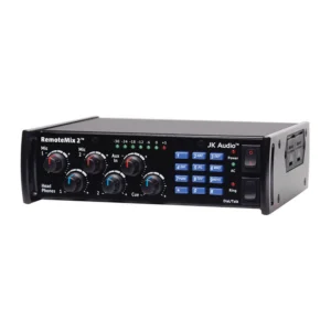 JK Audio RemoteMix 2 Two-Channel Broadcast Field Mixer: The front panel with its level controls, keypad, and headphone jacks.