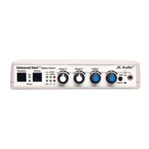 JK Audio Universal Host Desktop Digital Hybrid for VoIP/PBX: The front panel with its Handset and Online buttons and level controls.