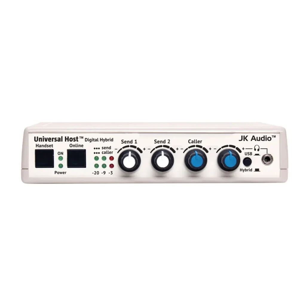 JK Audio Universal Host Desktop Digital Hybrid for VoIP/PBX: The front panel with its Handset and Online buttons and level controls.