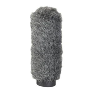 K-Tek AFW1 Airo Fuzzy Windscreen 1 for Shotgun Microphones: the gray and black faux fur windscreen standing upright.