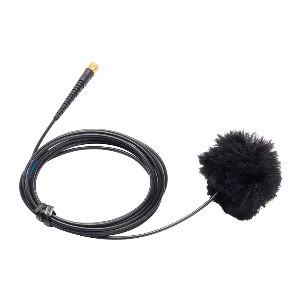 K-Tek ALFB10 Airo Lav Fuzzy Windscreen (Black, Set of 10): a black windscreen fitted on a lavalier microphone, with its cable coiled.