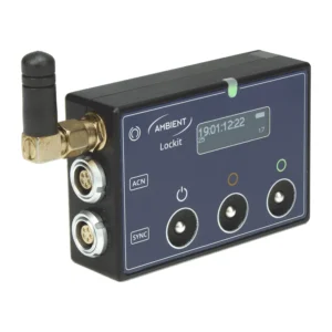 Ambient Lockit ACN-CL Timecode & Sync Generator: The Lockit at an angle, with its antenna, OLED display, and three buttons.