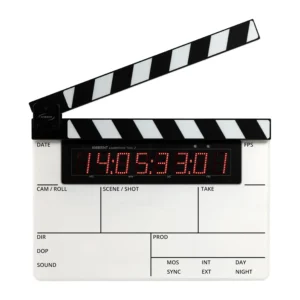 Ambient LockitSlate Take 2 Timecode Slate: The LockitSlate Take 2 with its clapstick open, showing the LED timecode display and the write-on board.