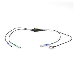 Ambient ACN-TC-RCP-R Timecode and Metadata Cable for RED: The ACN-TC-RCP-R cable, with its 5-pin plug, two 4-pin plugs, and BNC.