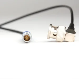 Ambient ACN-TC-RCP-R Timecode and Metadata Cable for RED: A push-pull plug and the right-angle BNC up close.