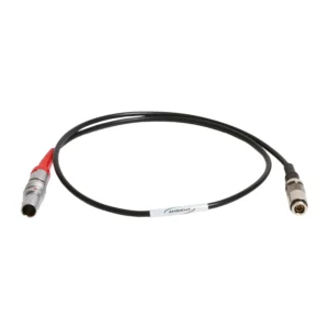 Ambient LTC-OUT-DIN Timecode Cable: The red-marked LTC-OUT-DIN cable, with its 5-pin push-pull plug and DIN 1.0/2.3 plug.