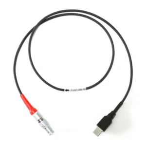 Ambient LTC-OUT USB-C SD Timecode Cable for Sound Devices: The cable in a loop, with its red-marked 5-pin plug and USB-C plug.
