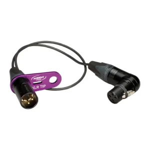 Ambient QAT-ECO/90 Right-Angle Windshield Cable Adapter: The purple QAT-ECO holder with its cable, the XLR3M plug in the holder and the right-angle XLR3F at the other end.