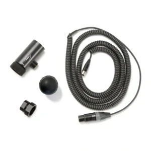 Ambient QuickPole Slim Coiled Cable Kit: The stereo kit laid out: the coiled cable, the end piece with its XLR5 outlet, the diameter adapter, and the rubber bumper.