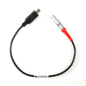 Ambient LTC-OUT-SNY Timecode Cable for Sony Multiport: The cable in a loop, with its red-marked 5-pin plug and Sony Multiport plug.