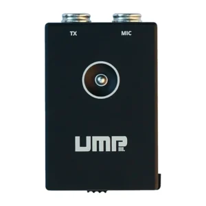 Ambient UMP III Microphone Power Supply: The UMP III upright, with its button and the TX and MIC connectors on top.