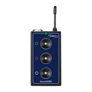 Ambient NanoLockit Timecode Generator and Logger: The NanoLockit straight on, with its three buttons and antenna.