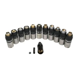 Ambient Eumel Microphone Power Supply: The Eumel models lined up, each with the input socket for its wireless system, with the solder version in front.