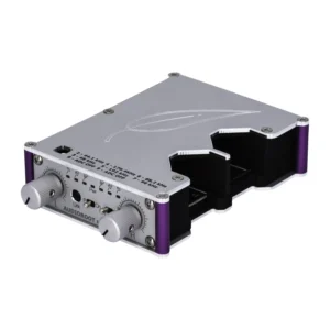 Audioroot uPRE MKII Battery-Powered Stereo Microphone Preamp seen from the front left, showing its gain knobs, level meters, and open battery bays.