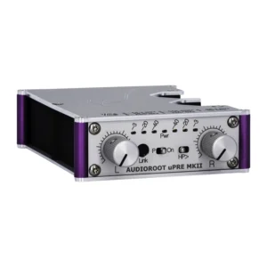 Audioroot uPRE MKII Battery-Powered Stereo Microphone Preamp front panel with left and right gain knobs, LED level meters, and its link, power, and filter switches.