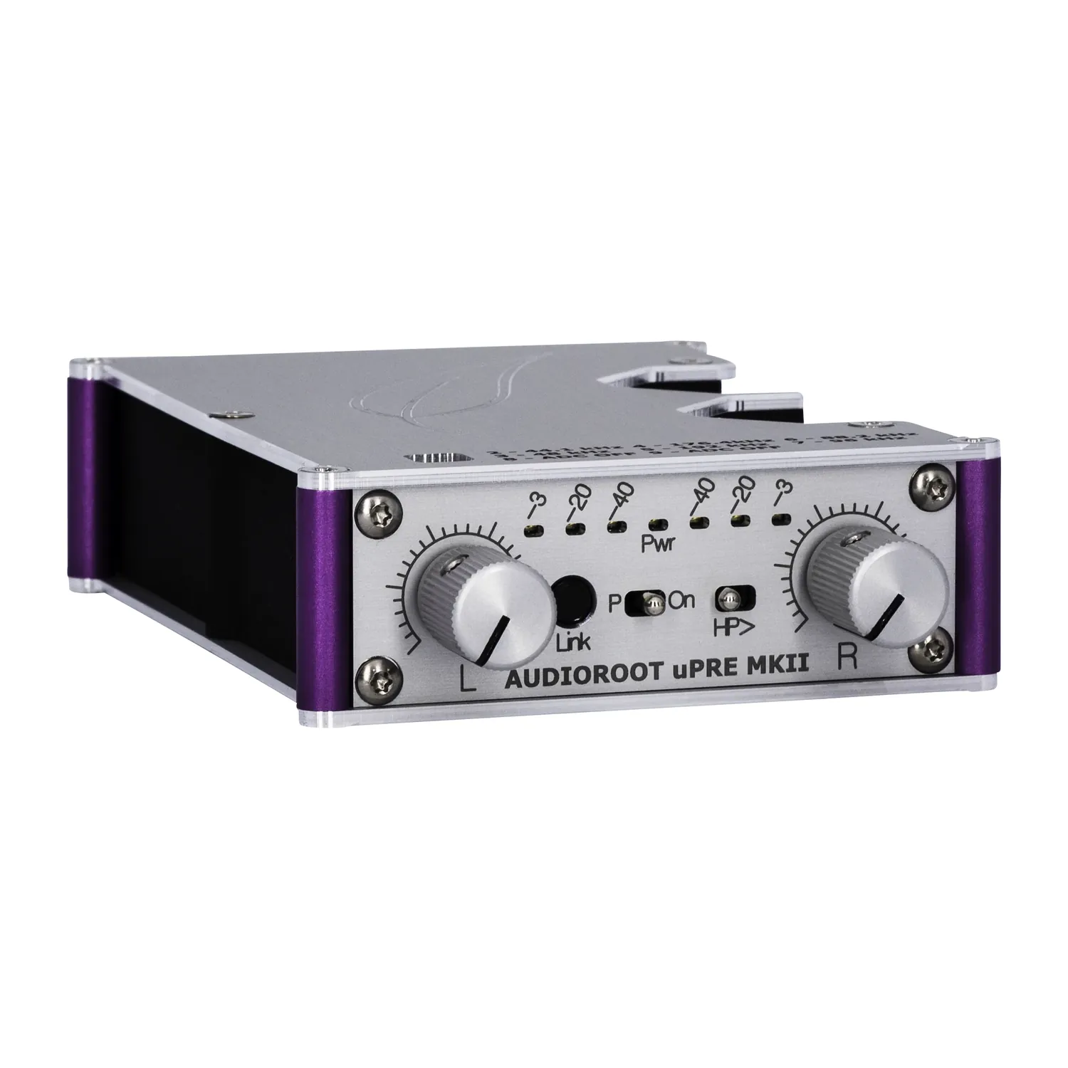 Audioroot uPRE MKII Battery-Powered Stereo Microphone Preamp front panel with left and right gain knobs, LED level meters, and its link, power, and filter switches.