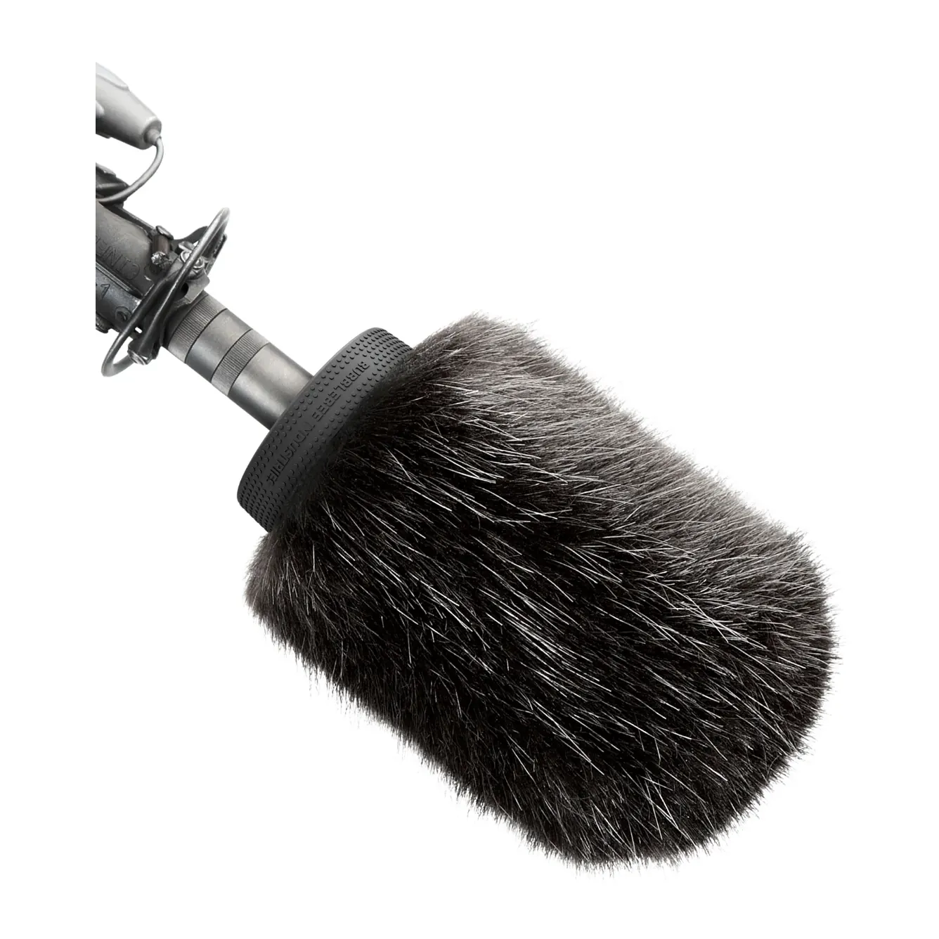 Bubblebee Industries The Windkiller: A long-haired Windkiller on a shotgun mic in a boom shock mount.