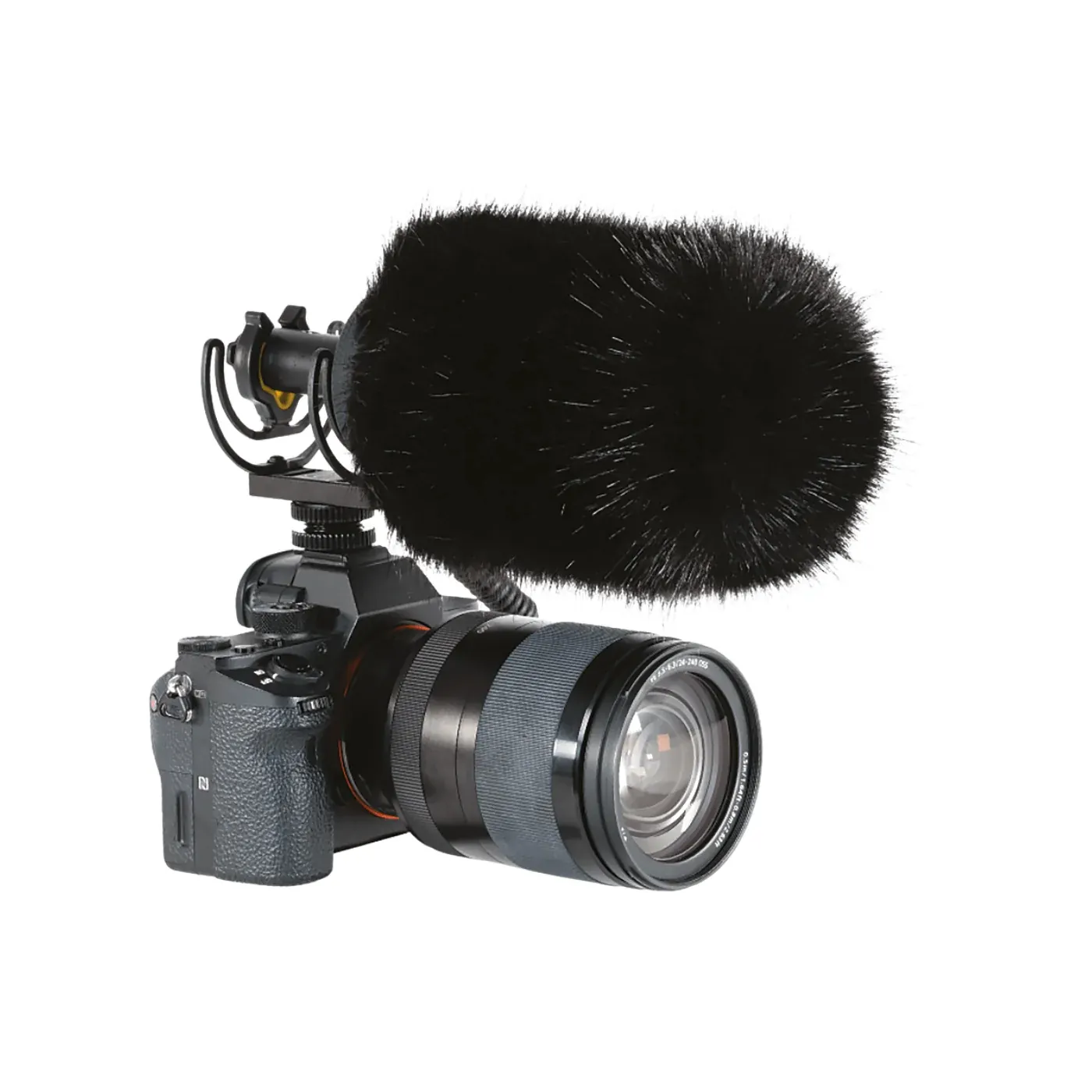 Bubblebee Industries The Windkiller: A long-haired Windkiller on a camera-top shotgun mic.