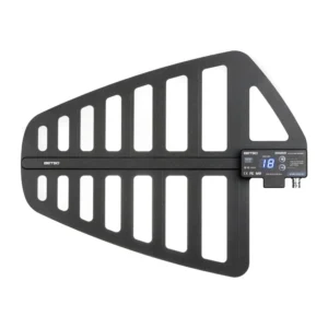 Betso Sharkie Wideband UHF Active Antenna: The black log periodic antenna with its amplifier and gain display.