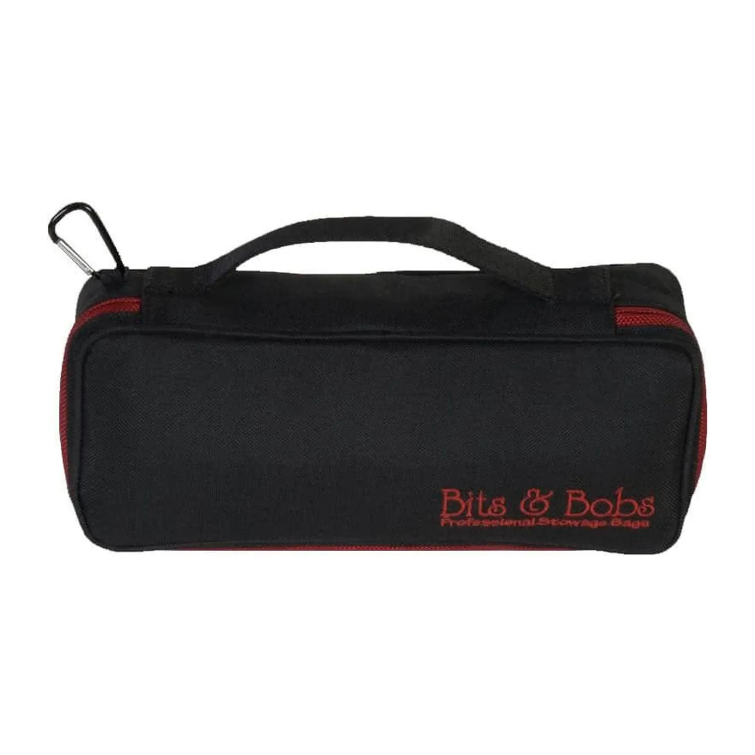 Bits & Bobs BB11-001 Small Stowage Bag closed, seen from the front with its carry handle, carabiner clip, and red-trimmed zipper.