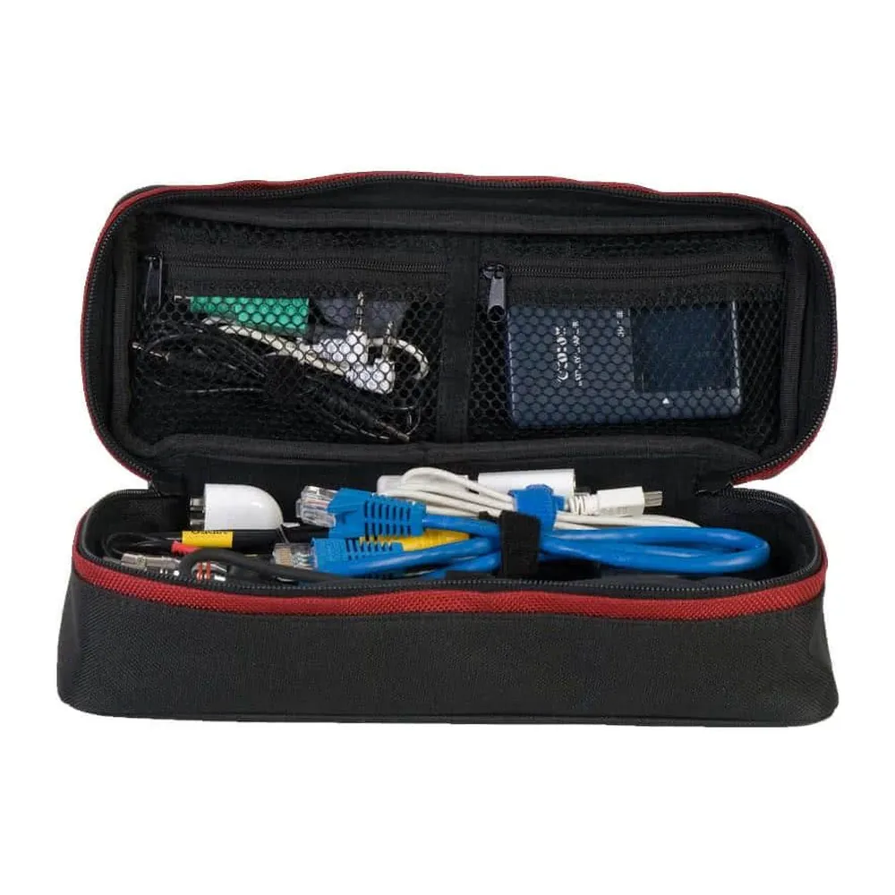 Bits & Bobs BB11-001 Small Stowage Bag open, with cables and adapters in the main compartment and two zippered mesh pockets in the lid.