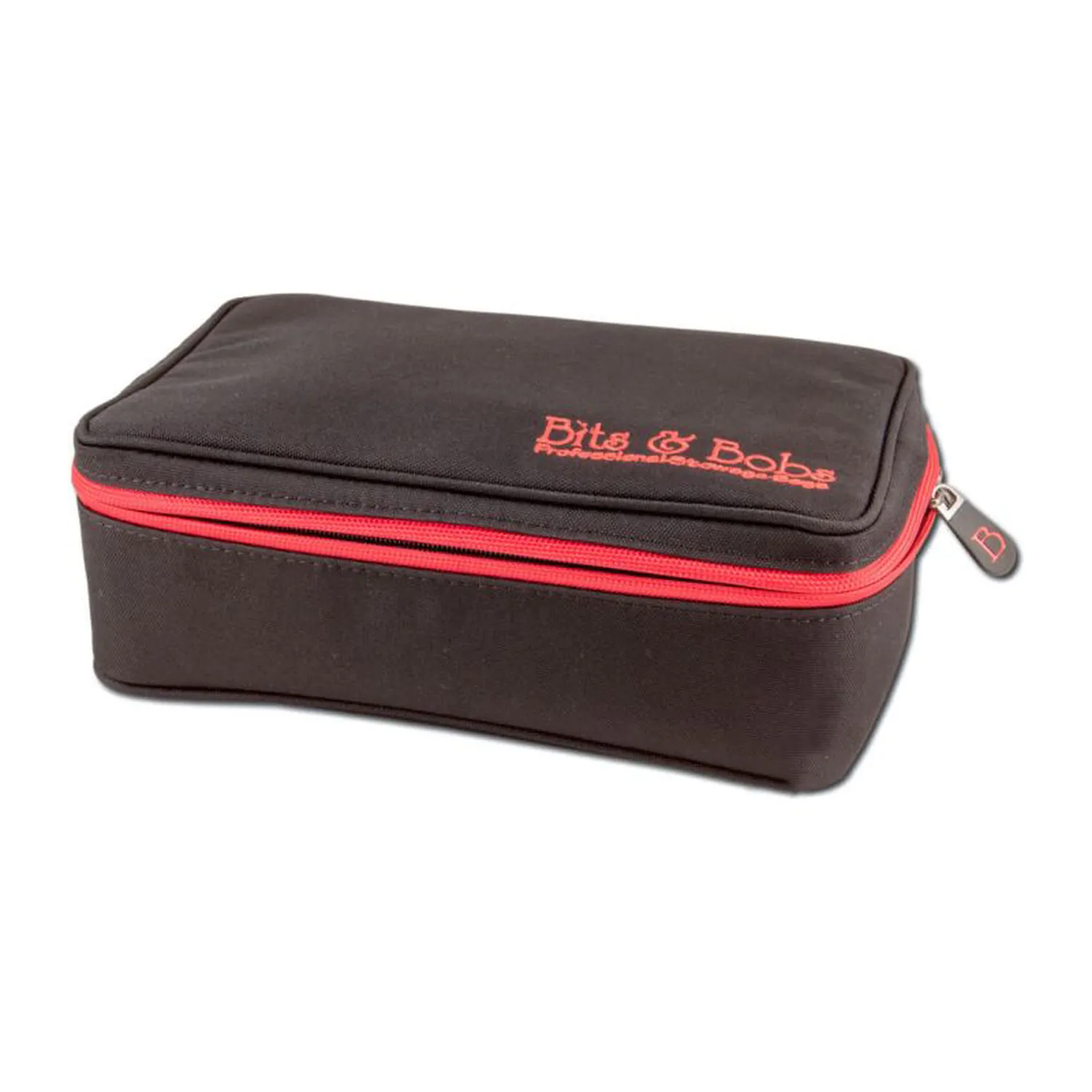 Bits & Bobs BB11-002 Medium Stowage Bag closed, seen at an angle with the logo on its lid and the red zipper running around the sides.