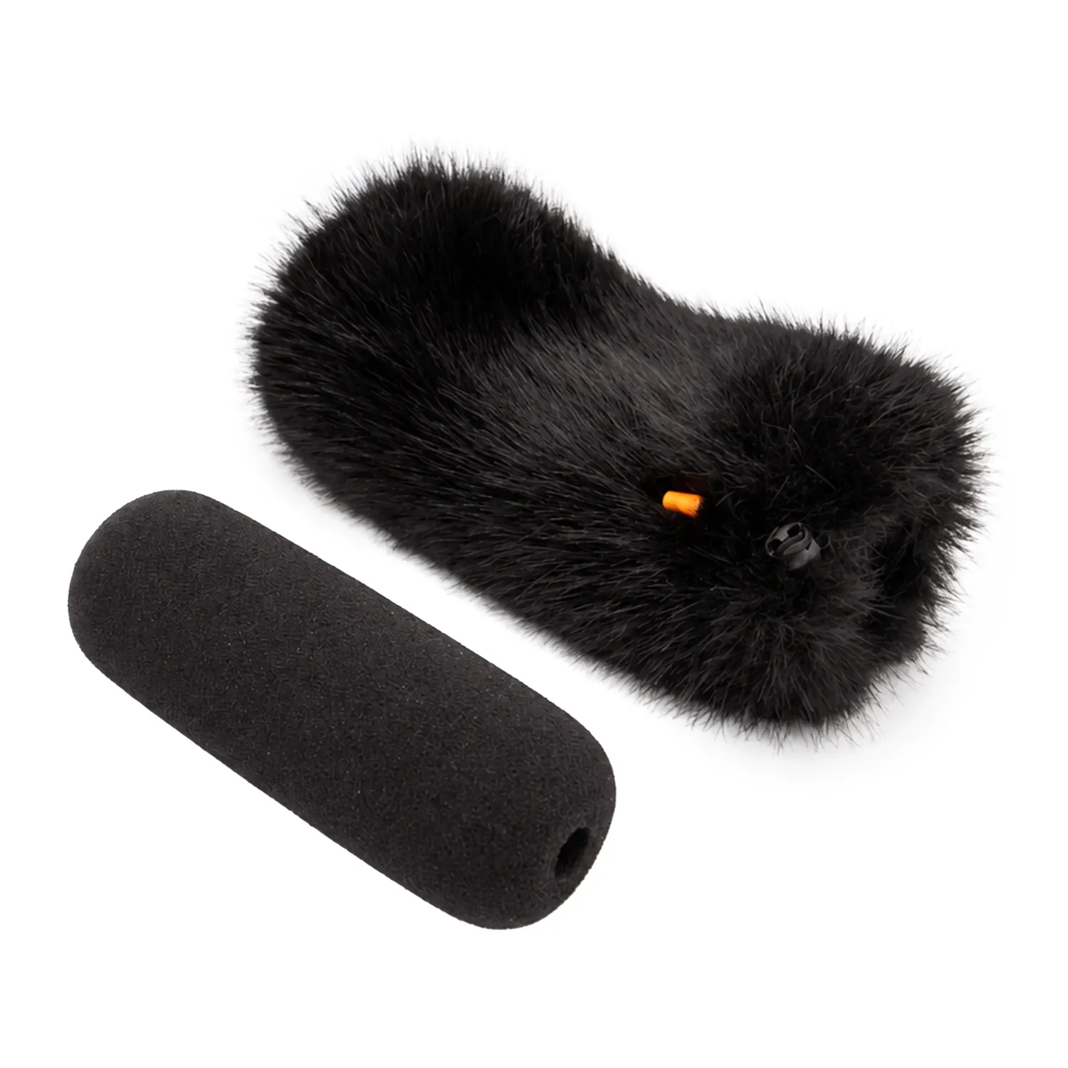Bubblebee Industries The Foam Wind Cover Kit for Shotgun Mics in size L, the black fur cover beside its matching black shotgun foam.