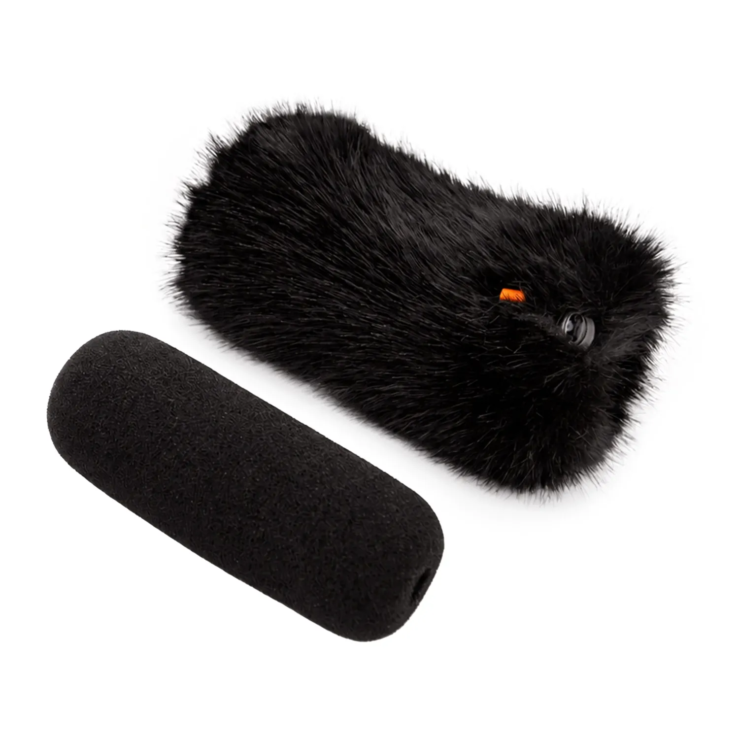 Bubblebee Industries The Foam Wind Cover Kit for Shotgun Mics in size M, the black fur cover beside its matching black shotgun foam.