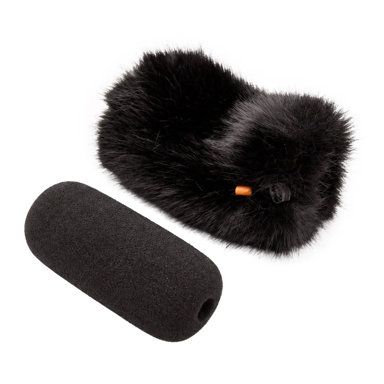Bubblebee Industries The Foam Wind Cover Kit for Shotgun Mics in size S, the black fur cover beside its matching black shotgun foam.