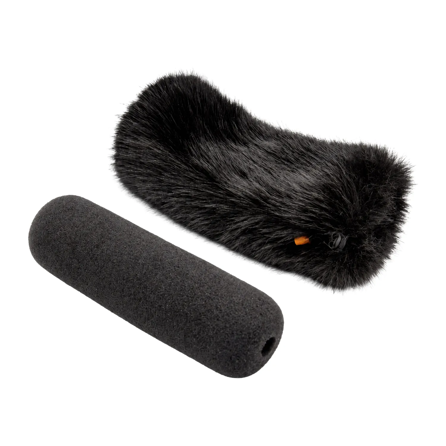 Bubblebee Industries The Foam Wind Cover Kit for Shotgun Mics in size XL, the black fur cover beside its matching black shotgun foam.