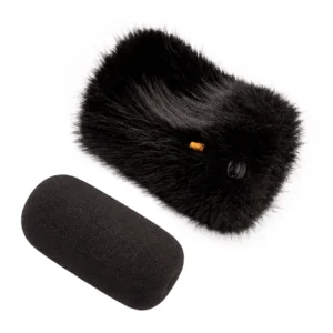 Bubblebee Industries The Foam Wind Cover Kit for Shotgun Mics in size XS+, the black fur cover beside its matching black shotgun foam.