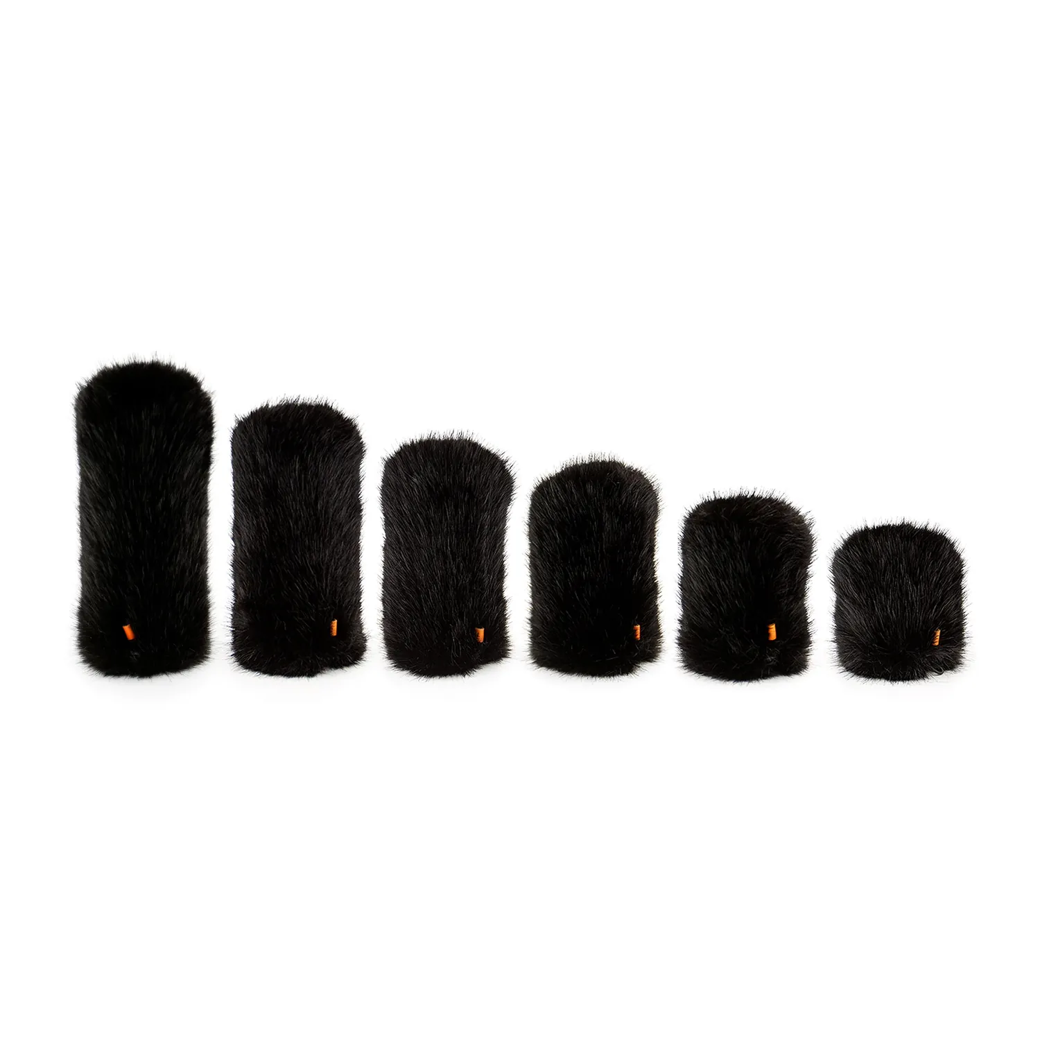Bubblebee Industries The Foam Wind Cover Kit for Shotgun Mics: all six fur cover sizes, XS to XL, standing side by side from shortest to longest.