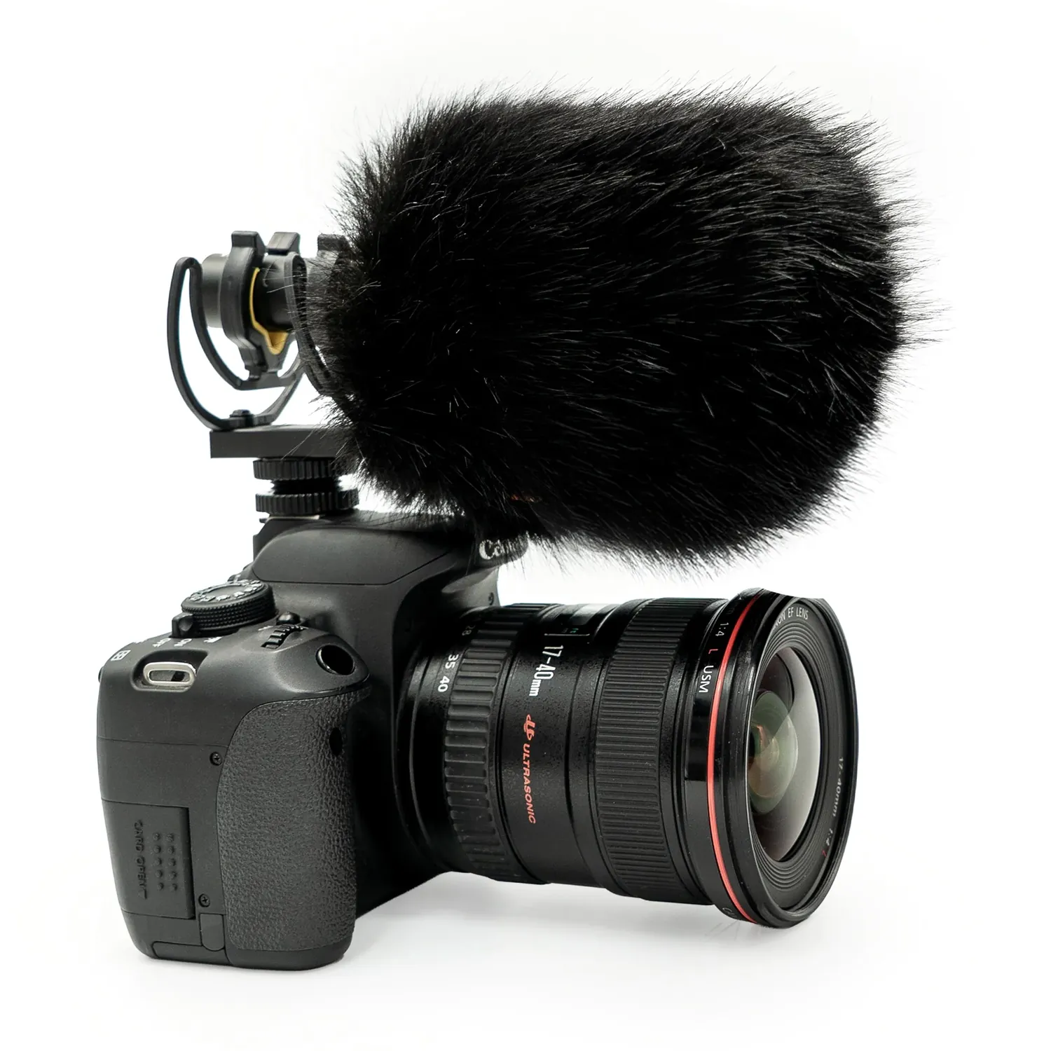 Bubblebee Industries The Foam Wind Cover Kit for Shotgun Mics: the fur cover over the foam on a shotgun microphone mounted on top of a DSLR camera.