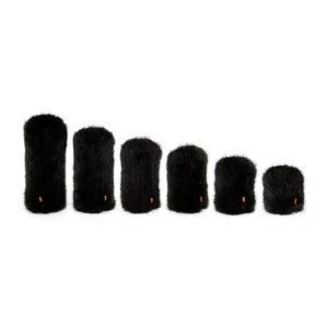 Bubblebee Industries The Foam Wind Cover for Shotgun Mic Foams: all six sizes of the black fur cover, XS to XL, standing side by side from shortest to longest.