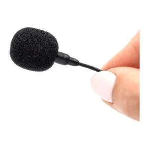 Bubblebee Industries The Microphone Foam for Lavalier Mics: A black foam on a lavalier mic held between two fingers.