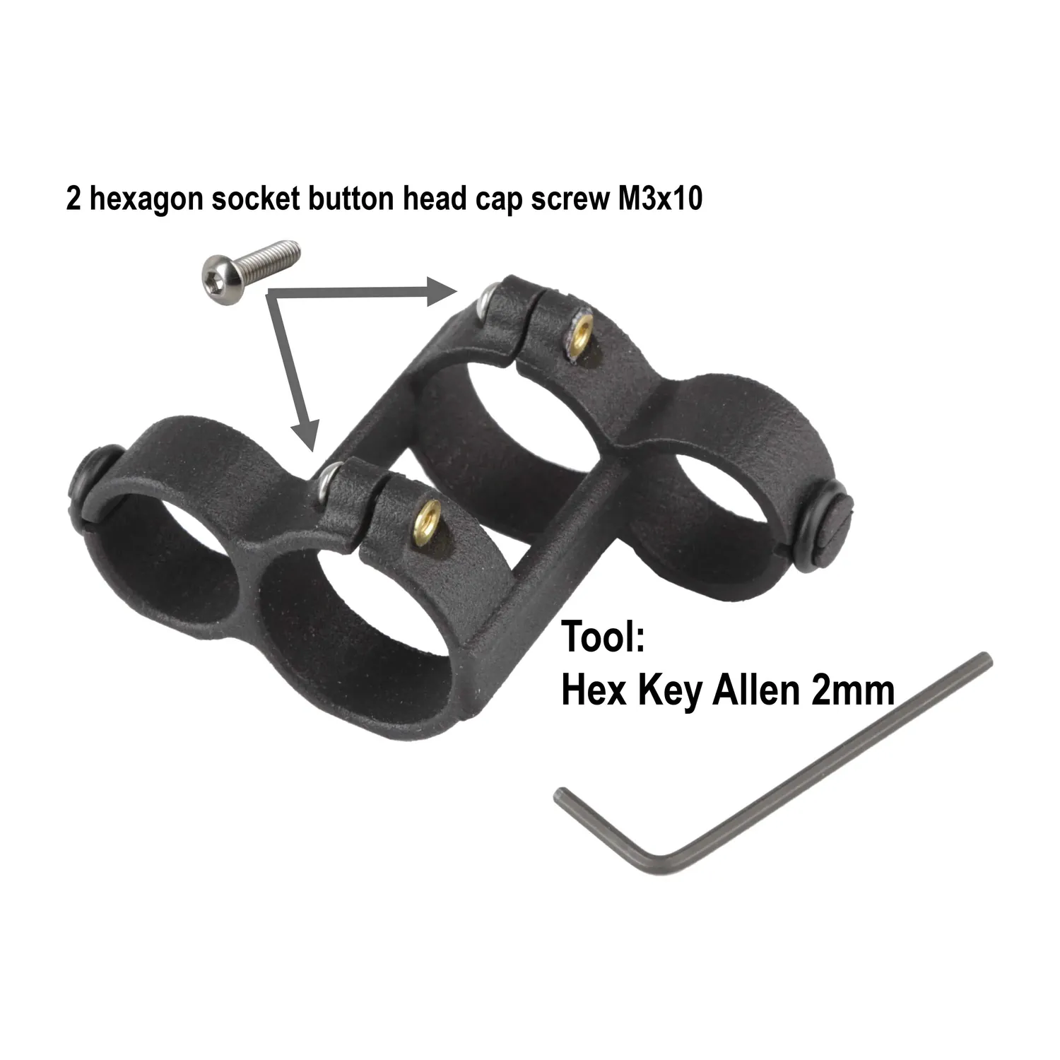 Cinela PIANISSIMO Spare Parts: the black DMS clip for an MKH 30 and two MKH 8000, with its two screws and 2 mm hex key labeled.