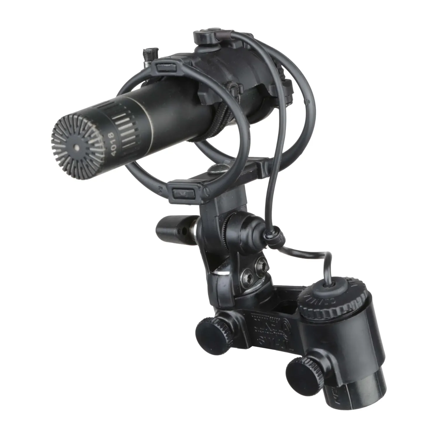 Cinela E-OSIX Suspension: E-OSIX for DPA 4011C and 4018C with a microphone mounted on its swivel.