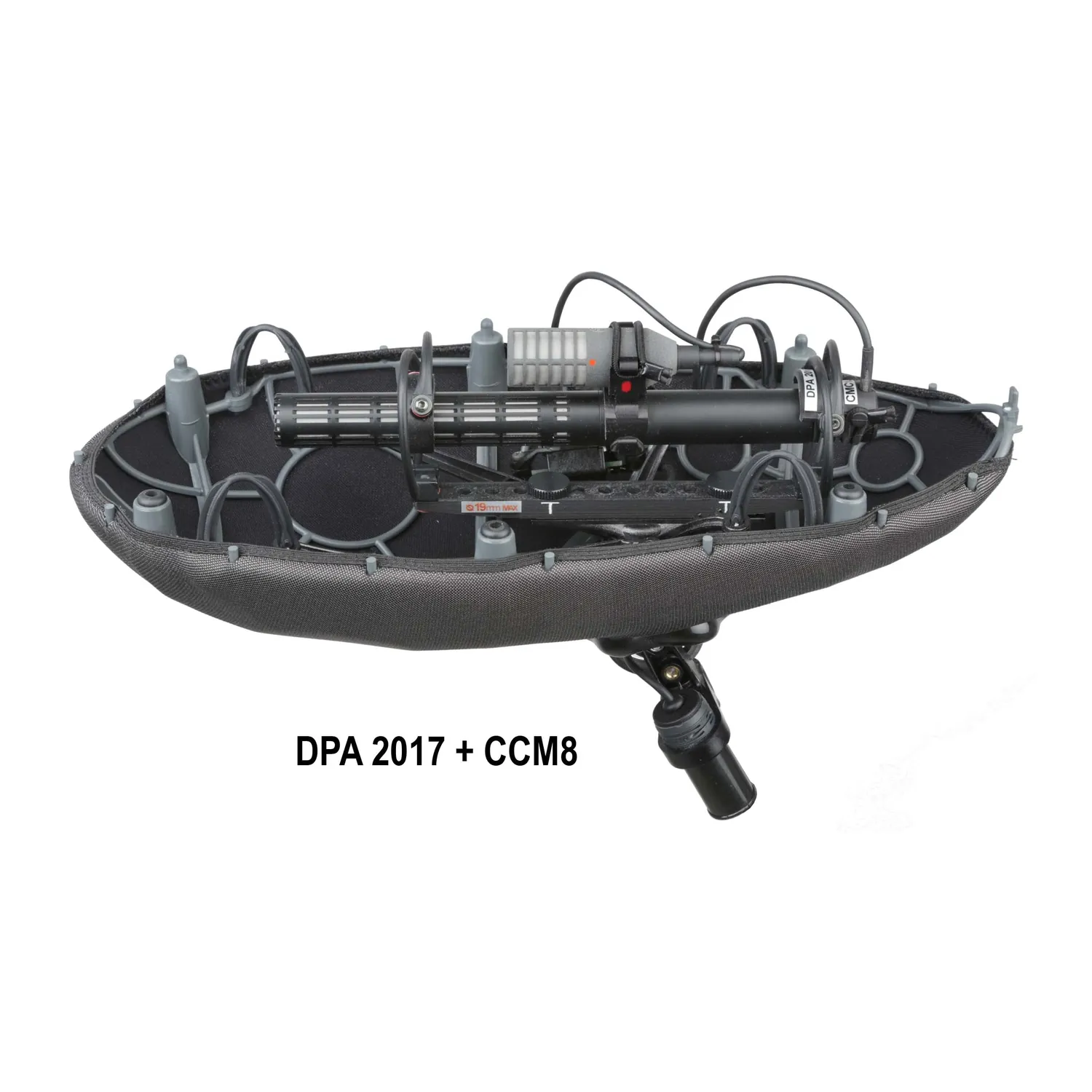 Cinela PIANISSIMO MS Windshield: DPA 2017 and a Schoeps CCM 8 in the suspension module, cage open.