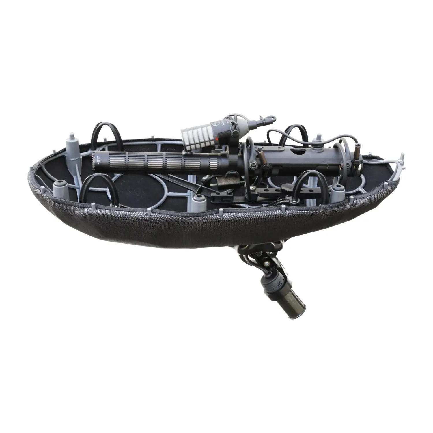 Cinela PIANISSIMO MS Windshield: DPA 4017B and a Schoeps CCM 8 in the suspension module, cage open.