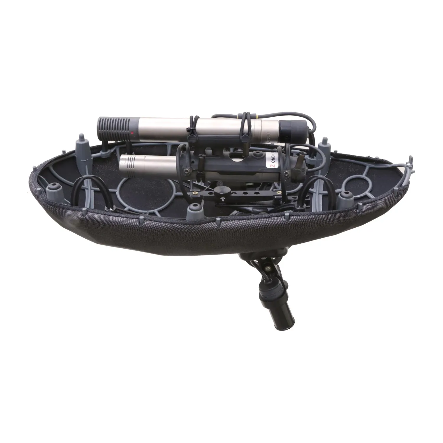Cinela PIANISSIMO MS Windshield: Schoeps CMC 6 MS pair in the suspension module, cage open.