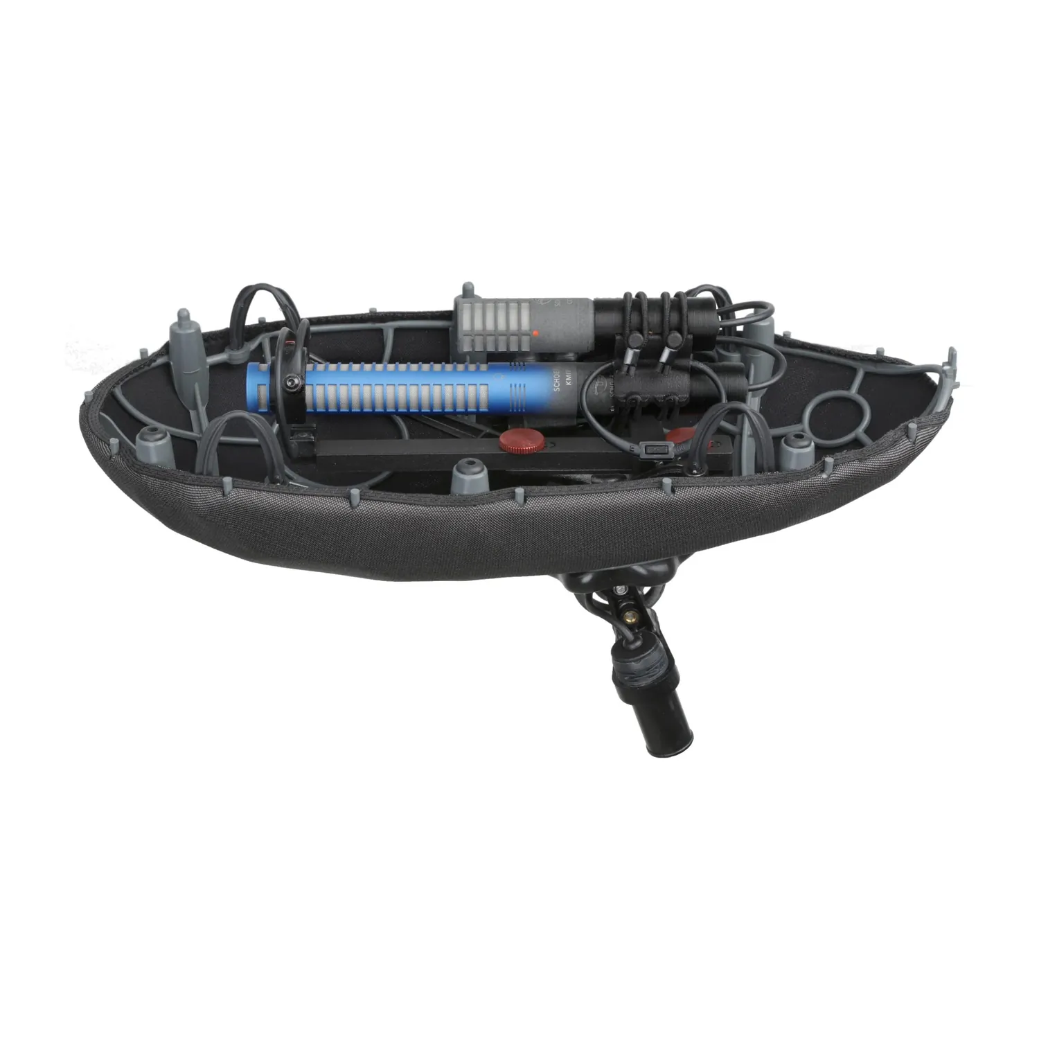 Cinela PIANISSIMO MS Windshield: Schoeps KMIT and two CMC 1 L amplifiers in the suspension module, cage open.