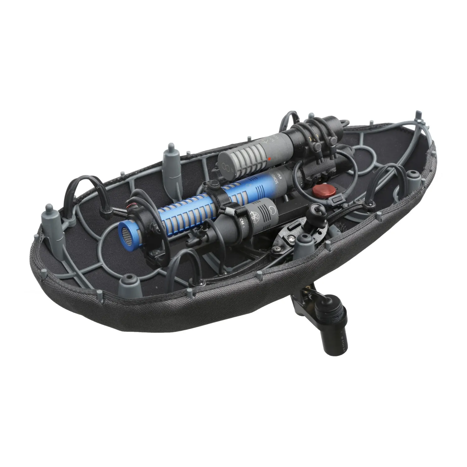 Cinela PIANISSIMO Double MS Windshield: Schoeps KMIT and three CMC 1 L bodies in the suspension module, cage open.